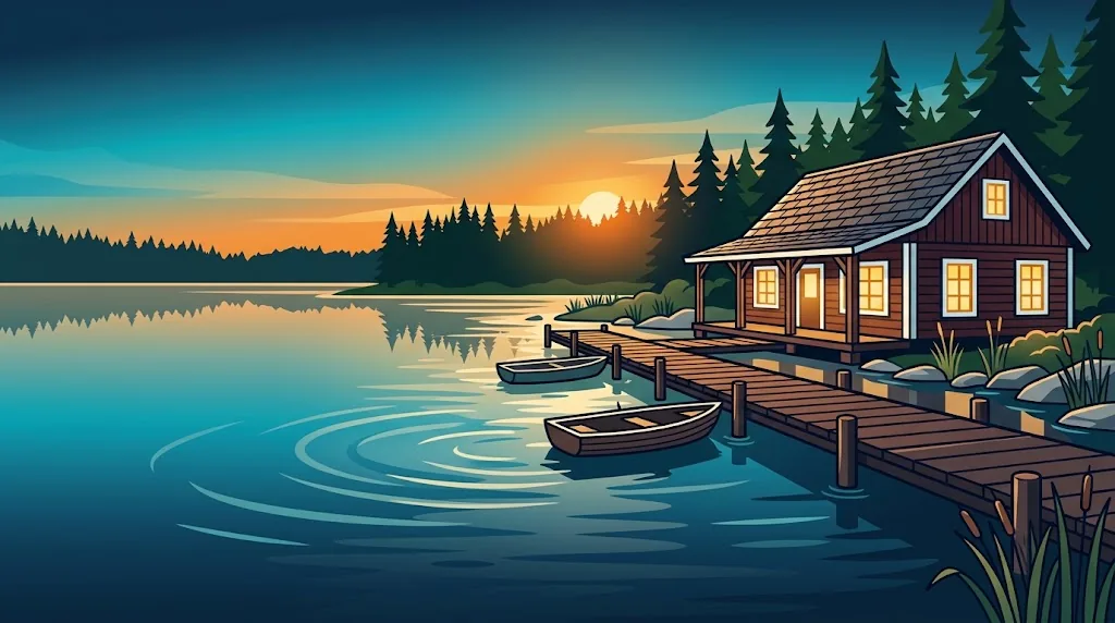 Artist’s impression of the planned casino hotel in Norway: a red timber lodge with lit windows on a lake shore at sunset, a long wooden jetty and two rowing boats